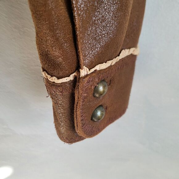 Y2K Luii Brown Faux Vegan Leather Ruffle Blazer Jacket. Sz L Crop Cinch Waist - Picture 6 of 11